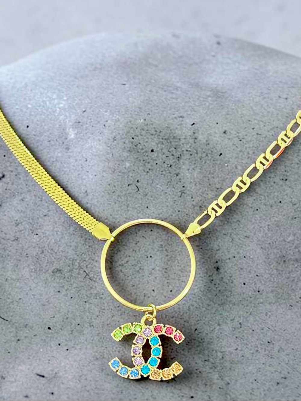 ✨NEW✨CC LOGO Multicolor Crystal Pendant & Gold Two-Sided Circle Necklace